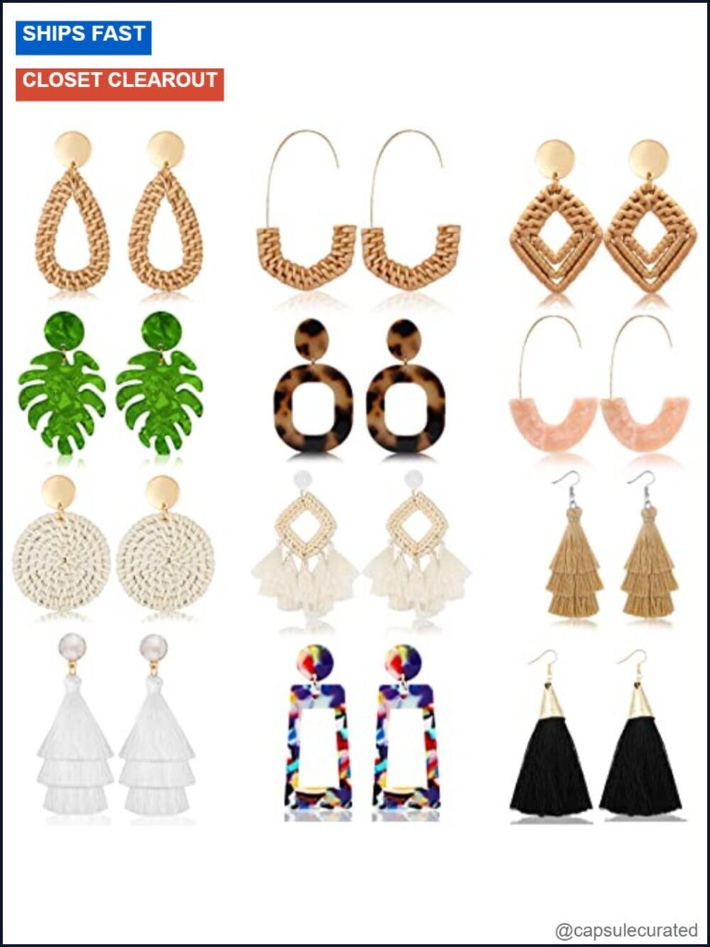 Handmade Straw Wicker Rattan Dangle Earrings Set Lightweight Acrylic Geometric